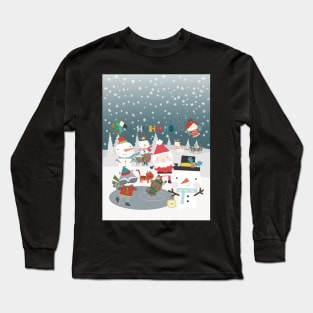 Fun greeting card with Santa and friends having a Christmas party outside Long Sleeve T-Shirt